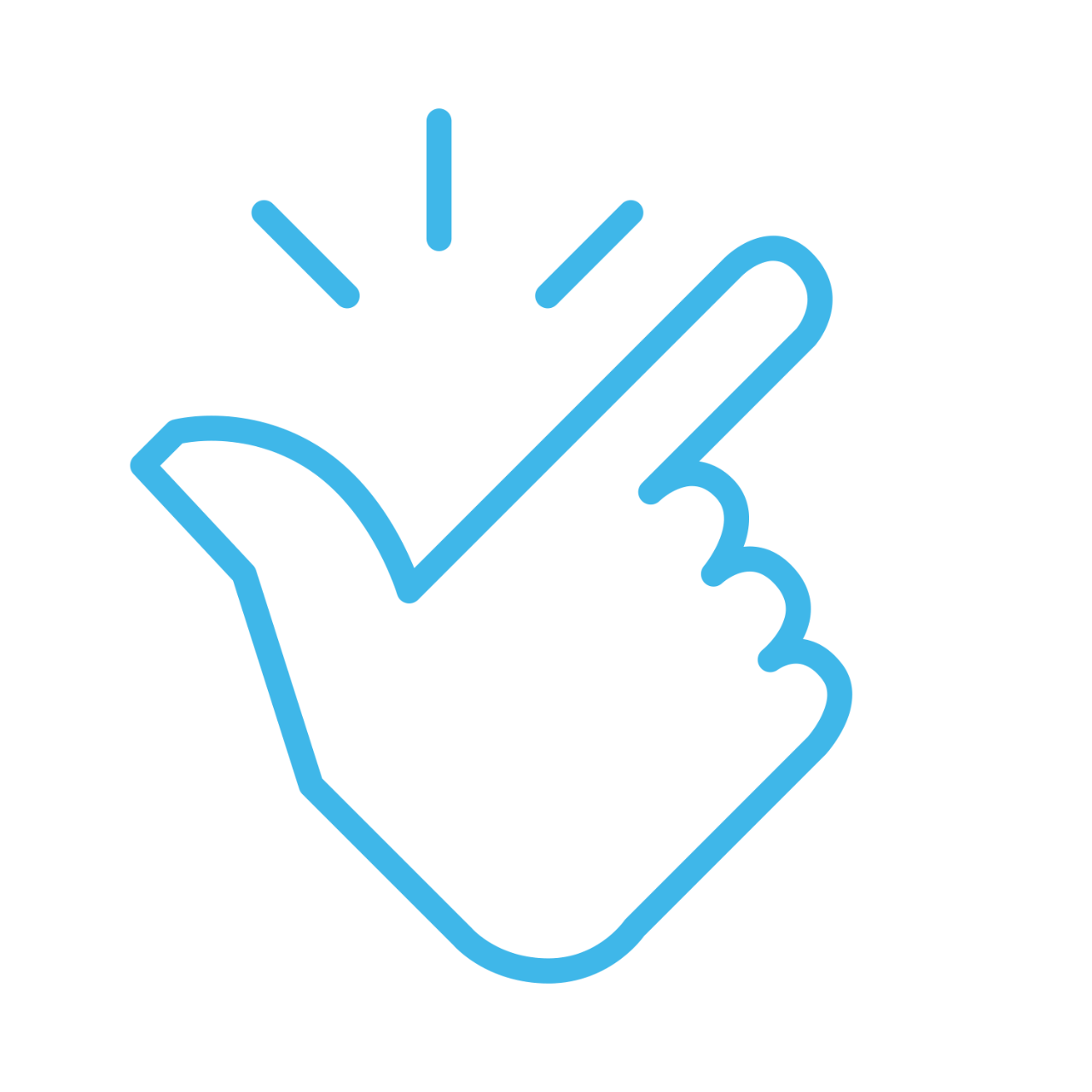 Icon depicting a human hand with the finger and thumb snapping, representing ease of use. Icon is grey against a white background.