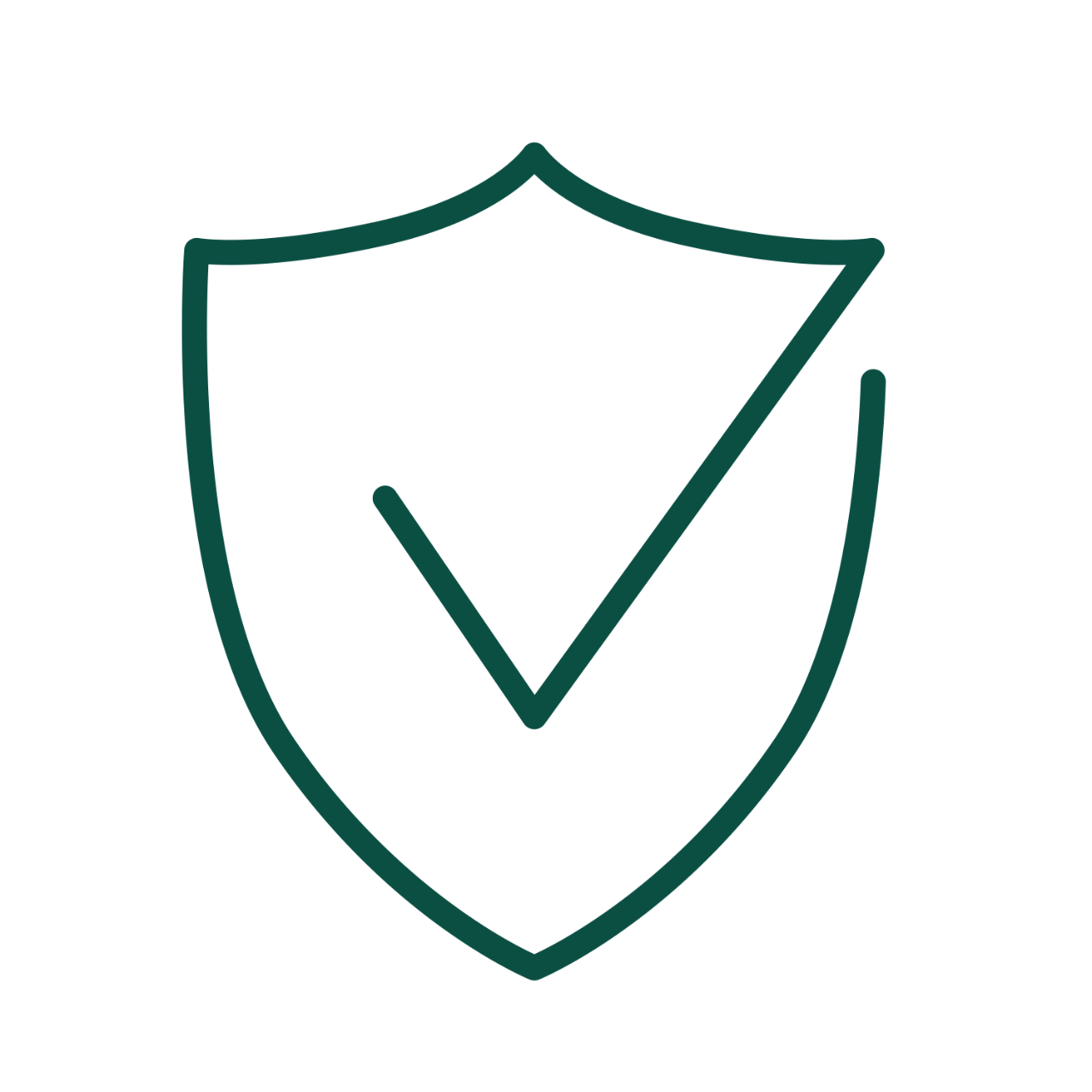 Icon depicting a checkmark outlined by a shield, representing strength and durability. Icon is grey against a white background.